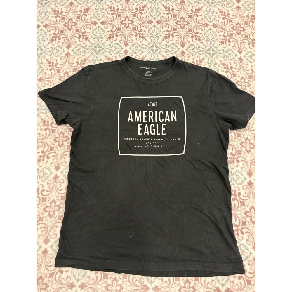American Eagle Mens Graphic T-Shirt Black Standard Fit Small AE-USA 1977 Logo